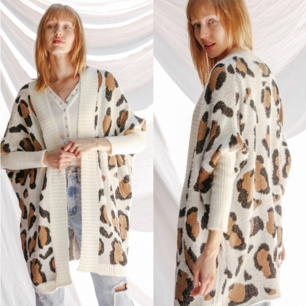 NEW! Cream Tan Brown Leopard Open Cardigan Sweater S L 1X 2X - Picture 2 of 12